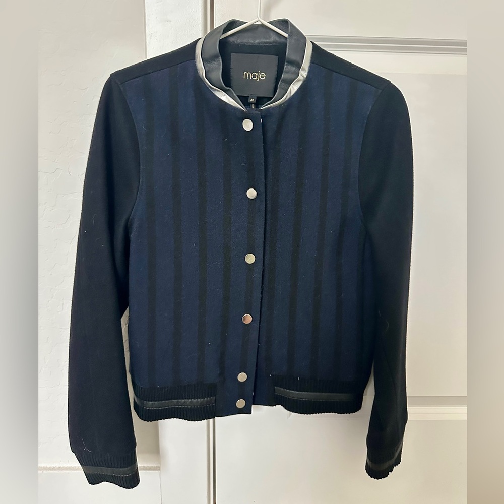 Make wool blend crop bomb jacket in navy blue and silver details